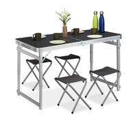Relaxdays Tavolino da Campeggio, Pieghevole, 4 Sedie, Regolabile in Altezza, 120 x 60 cm, Alluminio, MDF, Argento/Grigio, Fibra di Legno, 1 pz