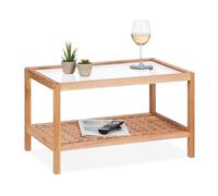 Relaxdays Tavolino da Salotto in Legno, 35 x 60 x 40 cm, Ripiano in Vetro, 2 Mensole, Tavolo Basso da Divano, Naturale
