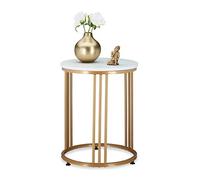 relaxdays Tavolino da Salotto, Tavolo da Divano, Rotondo, in Ferro e MDF in Aspetto Marmorizzato, Bianco Oro, 51 x 41 cm