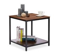 Relaxdays Tavolino Basso da Divano per Salotto, 2 Ripiani in Legno, Struttura in Acciaio, Quadrato, H 51cm, Marrone Nero, Fibra
