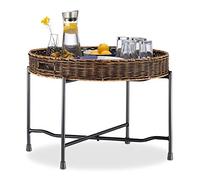 Relaxdays Tavolino in Rattan, Vassoio Rotondo, in Vimini, Base Pieghevole in Metallo, 47x66cm, Legno Naturale/Nero