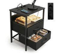 Relaxdays Tavolino LED, prese/USB, 2 cassetti, HxLxP: 60x40x30 cm, comodino, nero