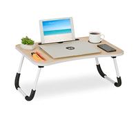 Relaxdays Tavolino per Laptop, Pieghevole, Letto e Divano 26x63x40 cm, con Porta Bevande e Tablet, Marrone Chiaro Bianco, Fibra di Legno
