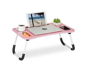 Relaxdays Tavolino per Laptop, Pieghevole, Letto e Divano HLP 26x63x40 cm, con Porta Bevande e Tablet, Rosa Bianco