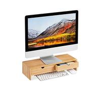 Relaxdays, HLP 11,5 x 47 x 18 cm, Color Legno Tavolino per PC in bambù, Rialzo per Monitor con 2 Tiretti, da Scrivania
