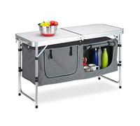 Relaxdays Tavolino Pieghevole da Campeggio, Regolabile in Altezza, Scomparto, Alluminio e MDF, LP 120x47, Argento/Bianco