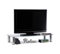 Relaxdays Tavolino TV Vetro, Gambe Metallo Cromato, Mobile Porta Televisione, Rettangolare, Ripiano, 100x35x17 cm, Bianco/Argento