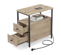 Relaxdays Tavolino Prese, Porta USB, 2 cassetti, A x L x P: 61 x 35 x 60 cm, Comodino, Naturale/Nero, 70% Fibra di Legno