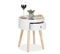 Relaxdays Tavolino Rotondo, con Cassetto, Gambe in Legno, Design Scandinavo, Camera da Letto, HxD 46x38, Bianco Naturale