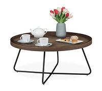 Relaxdays Tavolino Rotondo da Divano, Piano d’Appoggio, Effetto Legno e Acciaio, Comodino, HxD: 36 x 78 cm, Marrone/Nero