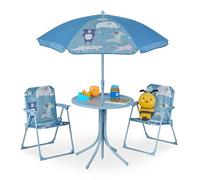 Relaxdays Tavolo Bambini con Ombrellone, Set con 2 Sedie, da Campeggio e Giardino, Tavolino Picnic, con Animali