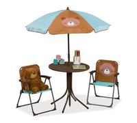 Relaxdays Tavolo Bambini con Ombrellone, Set con 2 Sedie, da Campeggio e Giardino, Tavolino Picnic, Design Orso, Marrone, Plastica, Poliestere, Ferro, 49,5 x 49,5 cm