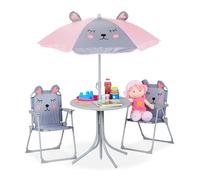 relaxdays Tavolo Bambini con Ombrellone, Set con 2 Sedie, da Campeggio e Giardino, Tavolino Picnic, Giochi, Casa, Grigio