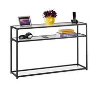 Relaxdays Tavolo Consolle, 2 Ripiani, Mobile Stretto da Ingresso Corridoio e Salotto, Metallo e Vetro 70x110x30 cm, Nero