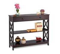 Relaxdays Tavolo Consolle, 3 Ripiani, Ampio Cassetto, Stretto, Stile Classico, Ingresso, HLP: 80x100x30 cm, MDF, Marrone, Fibra di Legno, 1 Parte