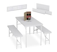 Relaxdays Tavolo da Birreria con Panche, Set da Giardino con Panchine e Tavolino Pieghevoli, Mobili Stile Rattan, Bianco, Plastica, Acciaio, HLP: 73x120x61 cm
