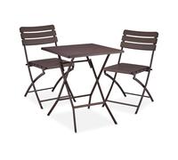 Relaxdays Tavolo da Esterno e Sedie, Set da 3 Mobili Pieghevoli e Salvaspazio da Balcone, Design Aspetto Legno, Marrone, Acciaio