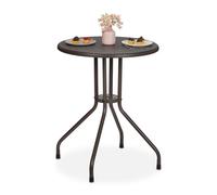 Relaxdays Tavolino da Giardino Rotondo, HxD 73x60 cm, Aspetto Rattan, Tavolo in Plastica e Acciaio, da Esterno, Marrone