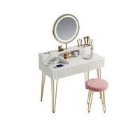 Relaxdays Tavolo da Trucco con Specchio, Illuminazione, Prese, Sgabello, 2 cassetti, 135x80x40 cm, Bianco/Oro
