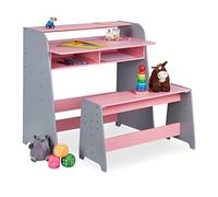 Relaxdays Tavolo e Panca per Bambini, Regolabili in Altezza, 2 Scomparti, Set per la Cameretta, 88x90x48 cm, Grigio Rosa, Fibra di Legno