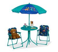 Relaxdays Tavolo Bambini con Ombrellone, Set con 2 Sedie, da Campeggio e Giardino, Tavolino Picnic, Dinosauri, Turchese, Ferro, Plastica, Poliestere, 49,5 x 49,5 cm