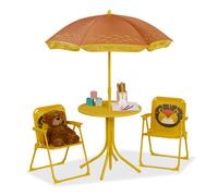 relaxdays Tavolo Bambini con Ombrellone, Set con 2 Sedie, da Campeggio e Giardino, Tavolino Picnic, Design Leone, Giallo
