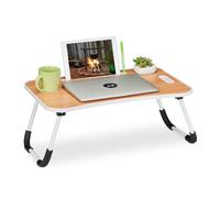 Relaxdays Tavolino per Laptop, Pieghevole, Letto e Divano 26x63x40 cm, con Porta Bevande e Tablet, Marrone Chiaro Bianco
