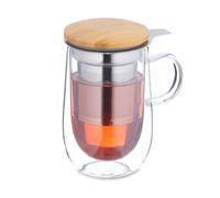 Relaxdays Tazza da tè con Infusore in Acciaio Inox, Bicchiere per Infusi, Coperchio bambù, 430 ml, Parete Doppio Vetro