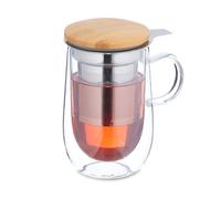 Relaxdays Tazza da tè con Infusore in Acciaio Inox, Bicchiere per Infusi, Coperchio bambù, 430 ml, Parete Doppio Vetro