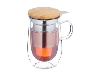 Relaxdays Tazza da tè con Infusore in Acciaio Inox, Bicchiere per Infusi, Coperchio bambù, 430 ml, Parete Doppio Vetro