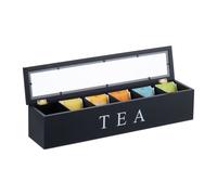 Relaxdays Scatola Porta tè e Tisane, Organizer Cassetti a 6 Scomparti, 9x43,5x9 cm, Tea Box con Coperchio in bambù, Nero