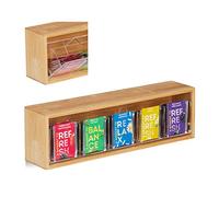 relaxdays 10028846 Tea Box in bambù, 5 Scomparti, 50 Filtri, Coperchio Ribaltabile, a Parete, Salvaroma, 11,5x39x8cm, Naturale