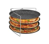 Relaxdays Teglie Forate per Pizza Rotonde, Set da 4, Acciaio Carbonio Antiaderente, Supporto Inox da Forno, Impilabile, 50%, Antracite/Argento