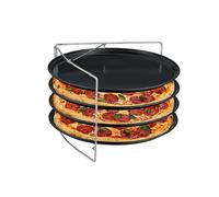 Relaxdays Teglie per Pizza Rotonde, Set da 4 in Acciaio al Carbonio Antiaderente, Supporto Inox da Forno, Impilabile