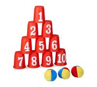 Relaxdays Tiro al Barattolo per Bambini, Giochi da Compleanno Giardino, con 10 Bicchieri Numerati e 3 Palline, Colorato