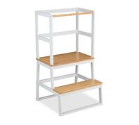 Relaxdays Torre Montessoriana Bambini da 1 Anno, Scaletta di Apprendimento, Learning Tower, 93x50x48,5 cm, bambù, Bianco