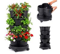 Relaxdays Torre Piante, Giardino Verticale, impilabile, su rotelle, Nero | AxP: 66x33 cm, torre fragole 5 piani, PP
