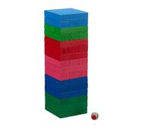 Relaxdays Torre Traballante, Gioco di Abilità con 48 Blocchi in Legno, con Dadi, HLP 24,5 x 7,5 x 7,5 cm, Colorata