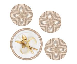 Relaxdays Tovagliette Sottopiatto in Palma Intrecciata, Ø 35 cm, Set da 4 Placemat Americane, Sottopentola, Naturale, Fibra vegetale