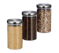 Relaxdays Tris di Barattoli per Conserve, Set da 3, Ermetico, Coperchio in Acciaio Inox, Riso & Tè, Trasparente