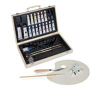 Relaxdays Valigetta Colori a Olio, Kit da Artista, Set 18 Tubetti, Tavolozza, Pennelli, Pallet Cup e Spatola, Naturale, Legno, 1 pz