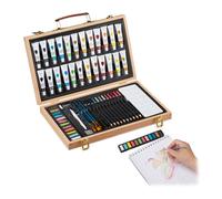 Relaxdays Valigetta con Kit da Pittura e Disegno, 56 Accessori, Matite Gomma Temperino Acquerelli, Legno Naturale, 5 cm