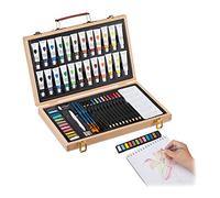 Relaxdays Valigetta con Kit Pittura e Disegno, 56 Accessori, Matite Gomma Temperino Colori Acrilici, Legno Naturale, unità