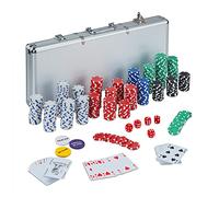 Relaxdays Valigetta Poker, 500 Chips Laser, 2 Mazzi di Carte, 5 Dadi, Dealer, Richiudibile & Portatile,Alluminio,Argento