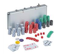 Relaxdays Valigetta Poker, 500 Chips Laser, 2 Mazzi di Carte, 5 Dadi, Dealer, Richiudibile & Portatile,Alluminio,Argento