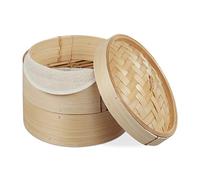 Relaxdays Vaporiera Cinese in Bambù, Cestello a 2 Piani per Cottura a Vapore, per Riso & Verdure, Ø 20,5 cm, Naturale