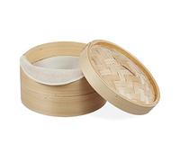 Relaxdays Vaporiera Cinese in Bambù, Cestello a 2 Piani per Cottura a Vapore, per Riso & Verdure, Ø 26 cm, Naturale