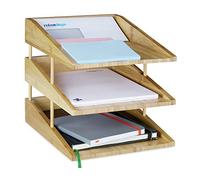 Relaxdays Vaschetta Portadocumenti Bambù, 3 Ripiani, Impilabili, A4 per Ufficio & Scrivania, Portalettere, Legno