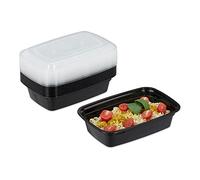 Relaxdays Vaschette per Alimenti in Set da 10, 1 Scomparto, Riutilizzabili, Porta Pranzo in Plastica con Coperchio, Nero