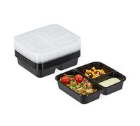 Relaxdays Vaschette per Alimenti in Set da 10, 3 Scomparti, USA e Getta, Porta Pranzo in Plastica con Coperchio, Nero, H x L x P: 4,5 x 21,5 x 18,5 cm